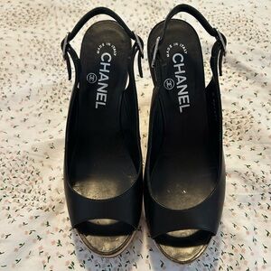 CHANEL Black Leather Peep-Toe Slingback Heels